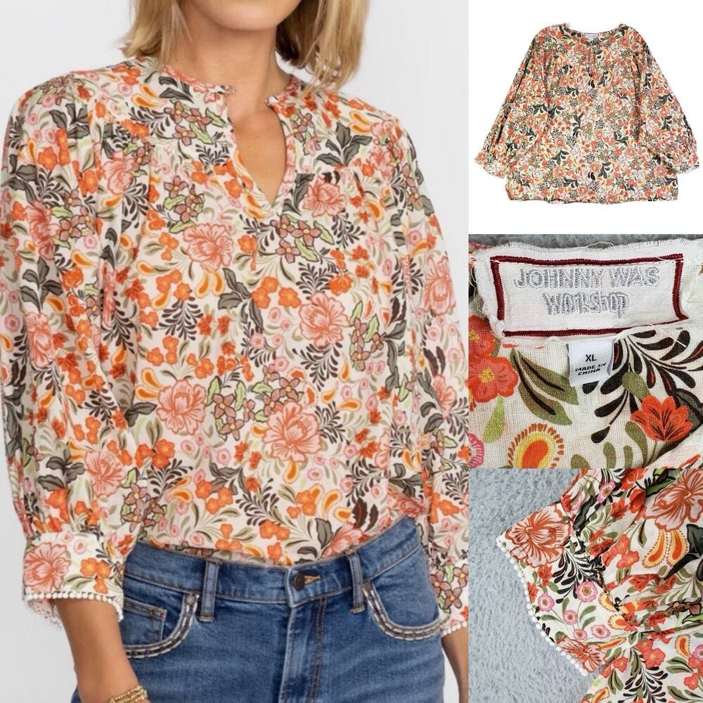 Johnny Was Shirt Floral Cotton Women’s Size XL Split Neck Cottage Prairie